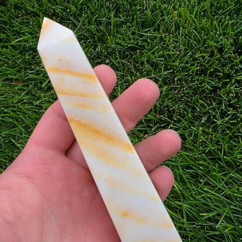 Natural White Orange Banded Quartz Crystal Point Wand Tower